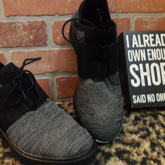 👢Eileen Fisher WILSON gray fabric Black Tie Wedge Oxford Women's Shoes 9 1/2 - Picture 8 of 12